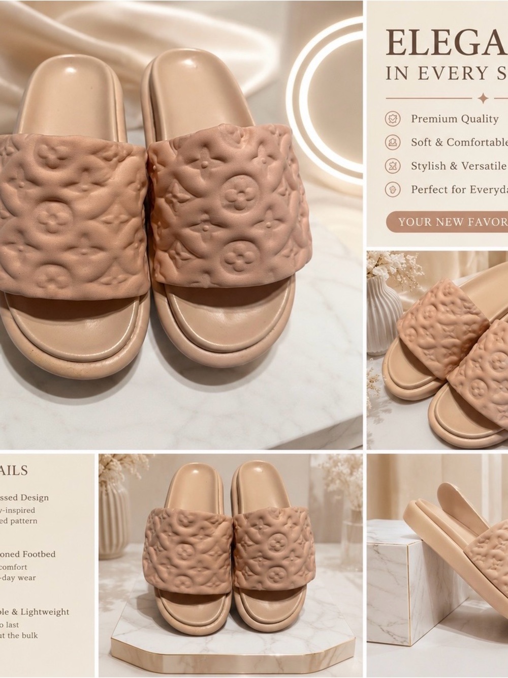 Women's Beige Quilted Slide Sandals